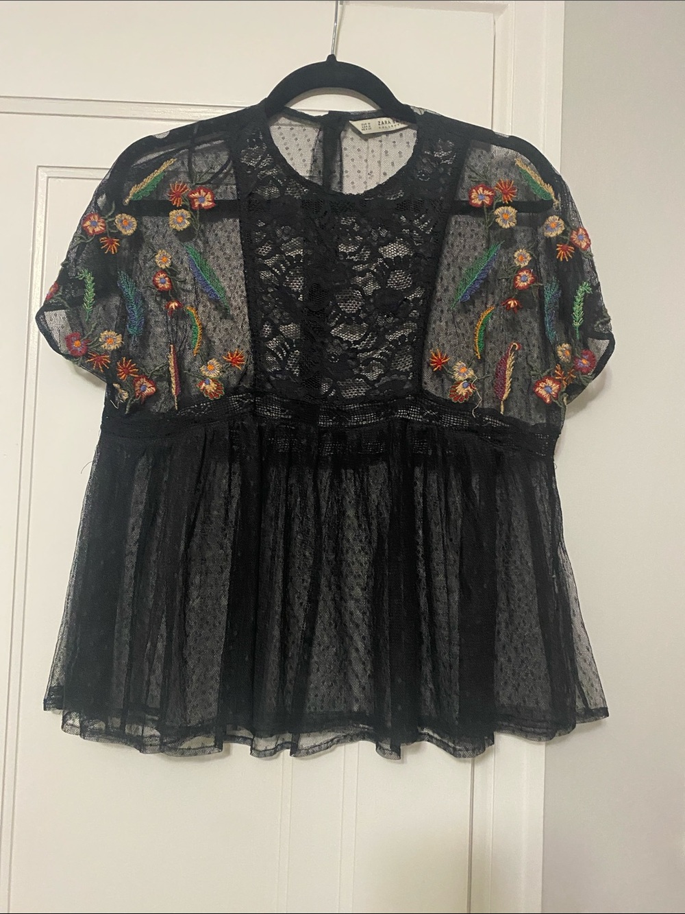 Zara Black Sheer Lace Top with Multicolor Floral Embroidery